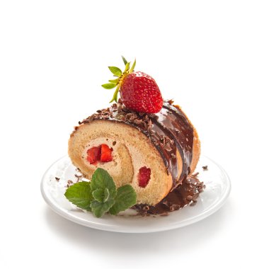 Chocolate swiss roll cake with strawberries clipart