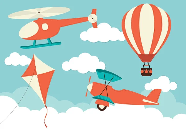 Helicopter, Plane, Kite & Hot Air Balloon — Stock Vector