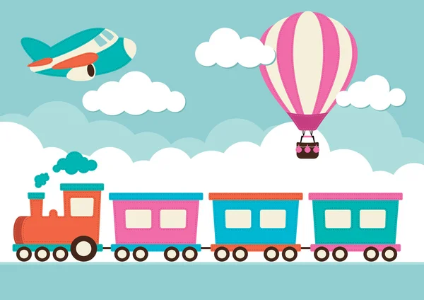 Train, montgolfière et avion — Image vectorielle