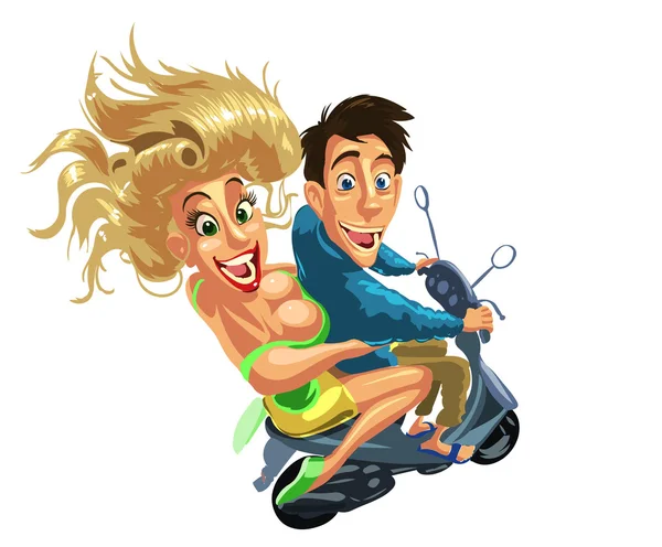 Pohled shora portrét šťastnému páru jízda na mopedu na bílém pozadí — Stockový vektor