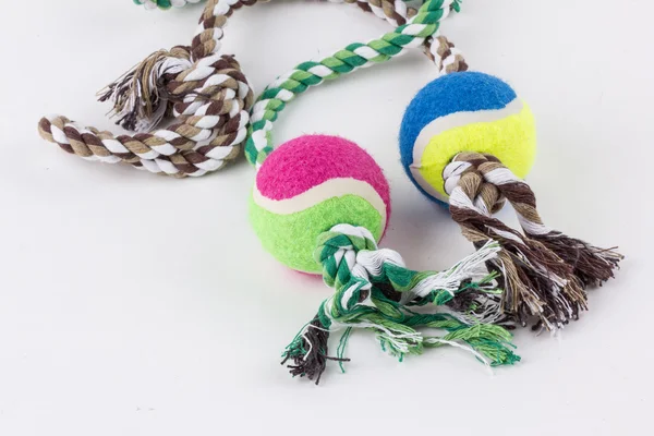 Psí hračka - barevné bavlněné psí hračka na bílém pozadí — Stock fotografie