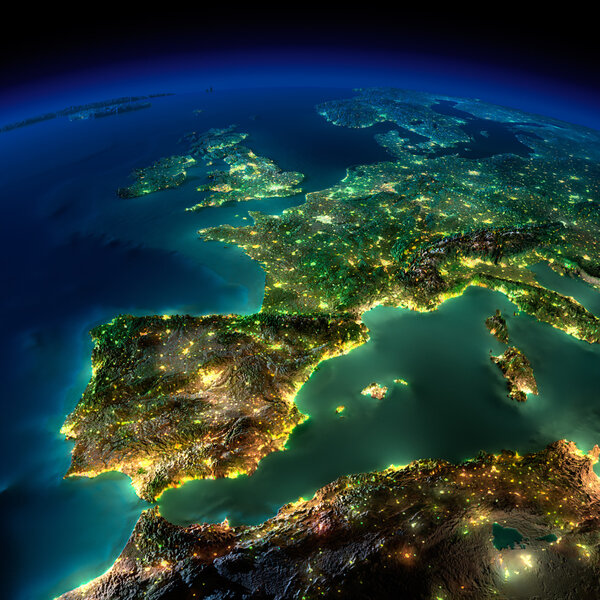 Night Earth. A piece of Europe - Spain, Portugal, France