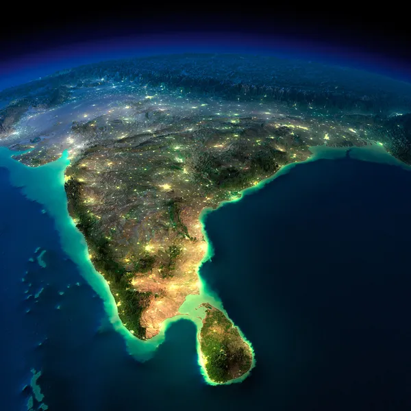 夜晚地球。印度和斯里兰卡 — 图库照片