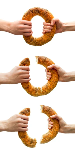 Satz Hände, die Ringbrot brechen — Stockfoto