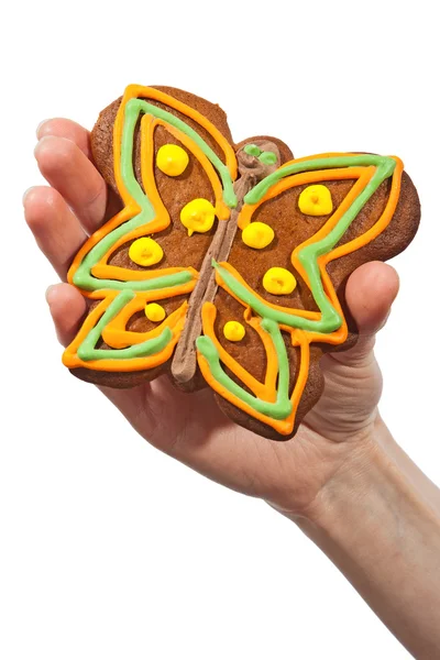 Gingerbread butterfly in hand — Stock Photo, Image