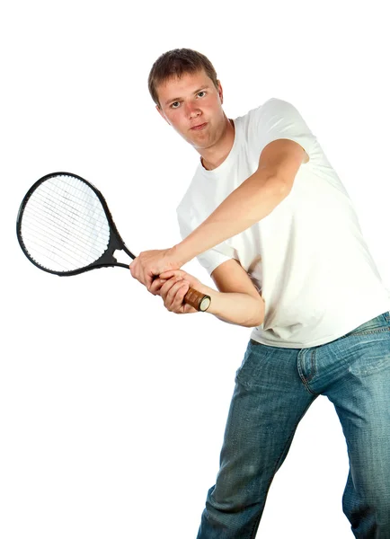 Tenis raketi ile genç adam — Stok fotoğraf