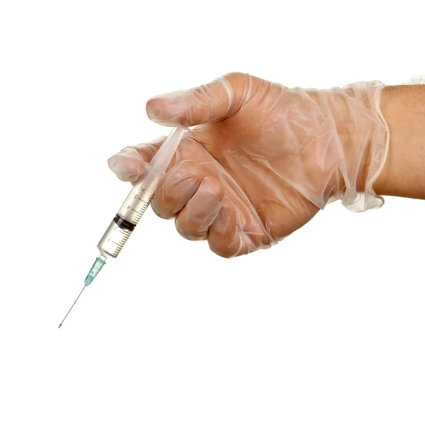 Hand in wegwerp handschoen maken injectie met spuit — Stockfoto