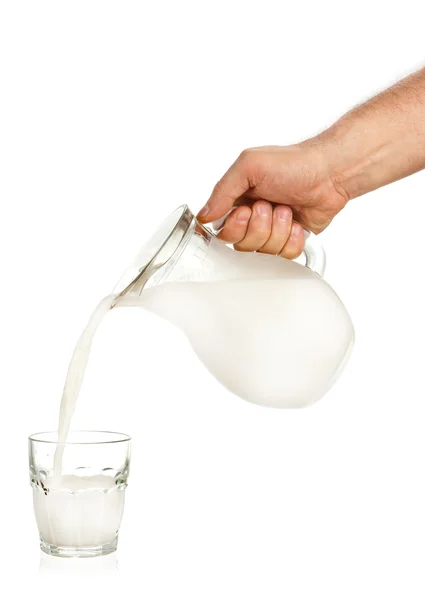 Hand pouring milk from jug to glass — Stock Photo, Image