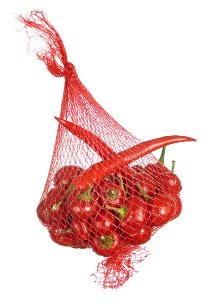 Hoit czerwony chłodno papryki w torbie na białym tle — Zdjęcie stockowe