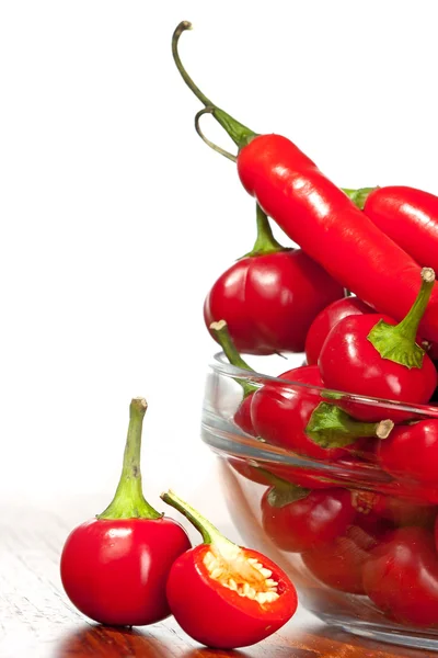 Hot red chili pepper in glass bowl — Stock Photo, Image