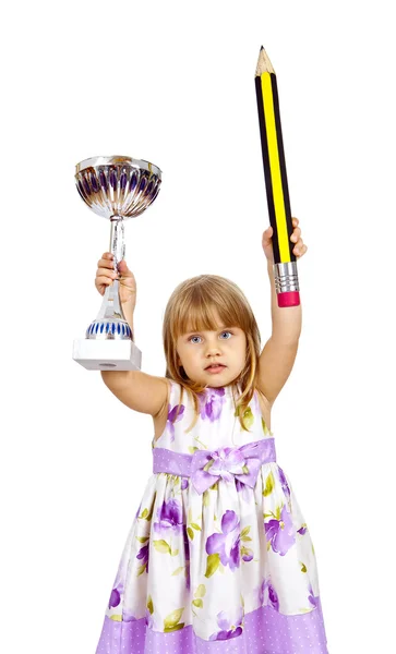 Little girl with big pencil and sport cup — Stock Photo, Image