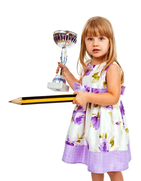Little girl with big pencil and sport cup — Stock Photo, Image