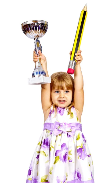 Kleines Mädchen mit großem Bleistift und Sportschale — Stockfoto