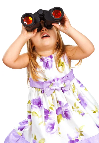 小女孩用双筒望远镜 — 图库照片