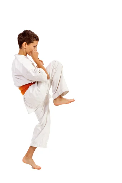 Menino em um quimono praticando artes marciais — Fotografia de Stock