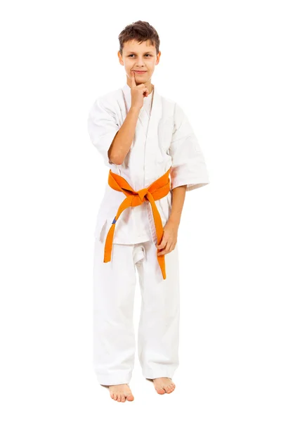 Chłopiec w białe kimono marzy — Zdjęcie stockowe