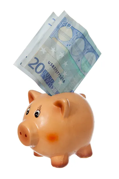Piggy bank with twenty euro note — Stock Photo, Image