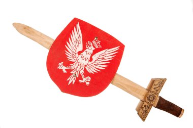 Wooden toy sword and shield a coat of arms of Poland clipart