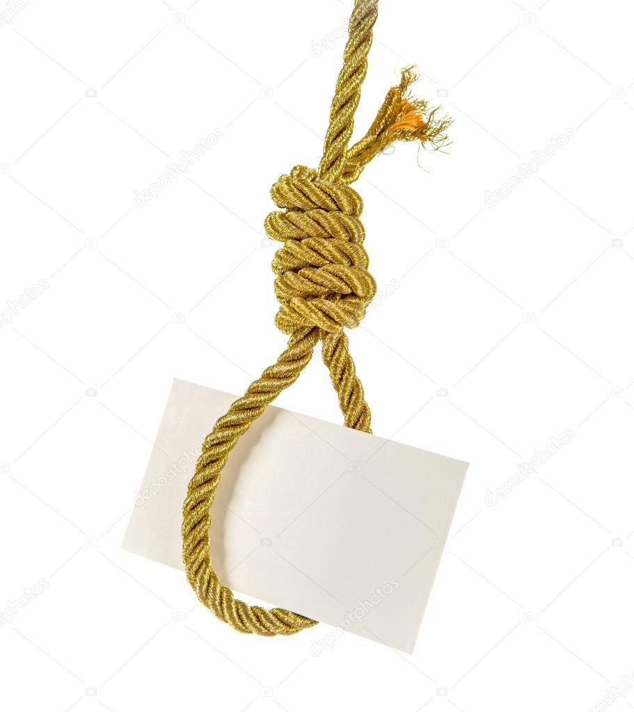 White card hanging on hangman noose