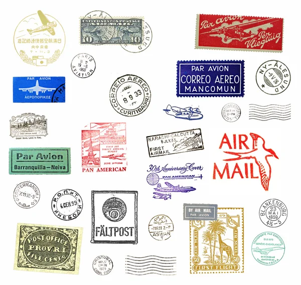 Vintage airmail labels and stamps — Stock Photo, Image