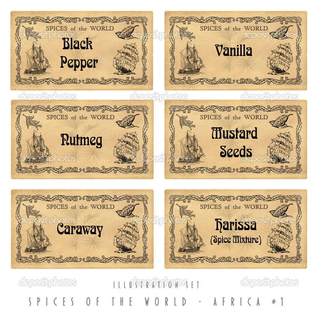 Illustration set spice labels, Africa 1