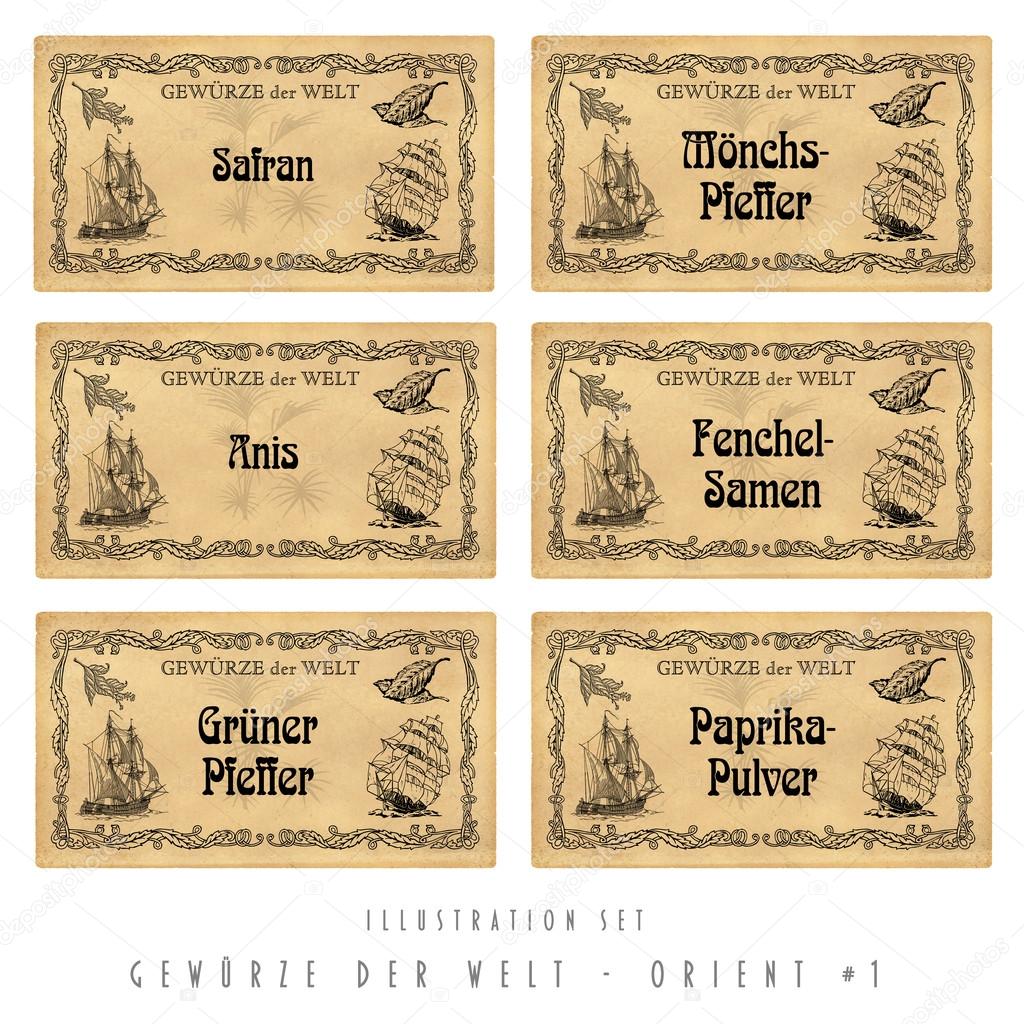 Illustration set spice labels, Orient 1