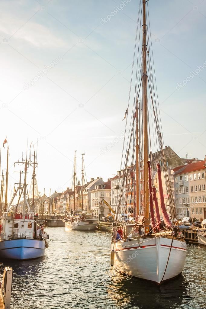 Old sailing boat in evening light in Copenhagen