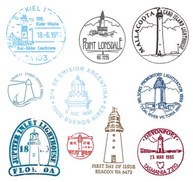 Set of stamps with various lighthouses clipart