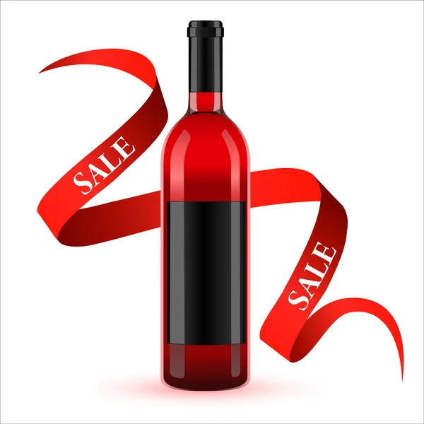 Пляшка вина з порожньою етикеткою та стрічкою — стоковий вектор