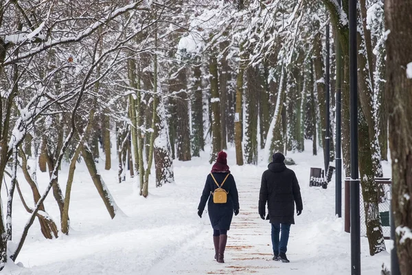 a couple walks through a winter park