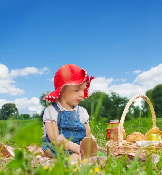 Copil așezat cu coș de picnic — Fotografie, imagine de stoc