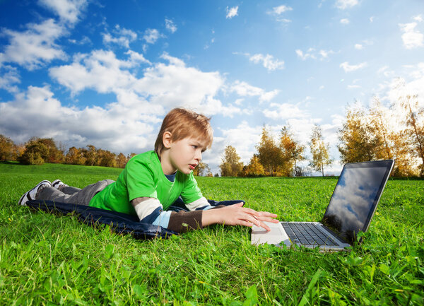 Cute boy is browsing in park