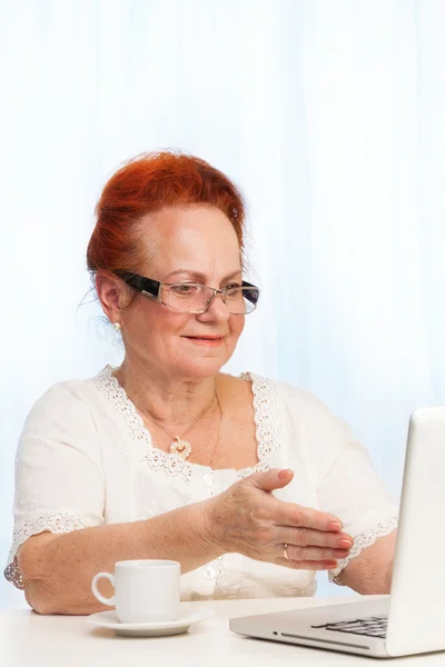 退休的妇女指着笔记本电脑屏幕 — 图库照片