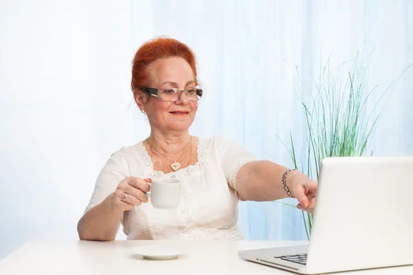 Señora mayor señalando a la pantalla del ordenador portátil — Foto de Stock