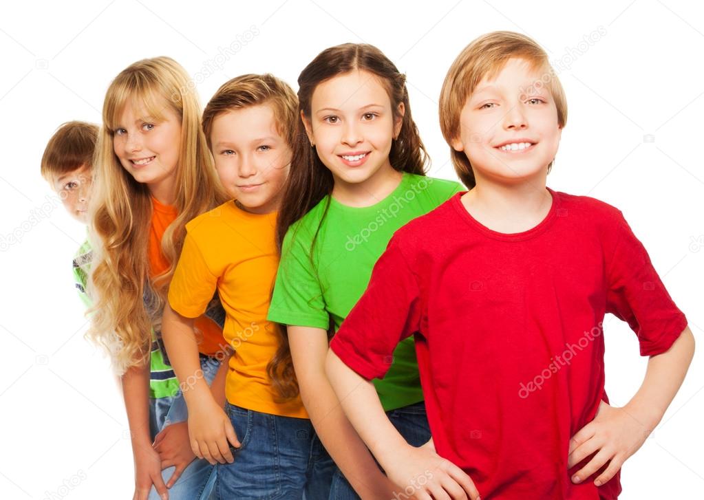 Five happy kids in colorful shirts