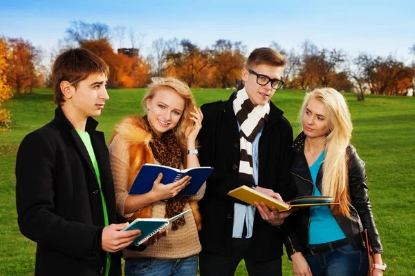 Two students couples in park — Stock Photo, Image