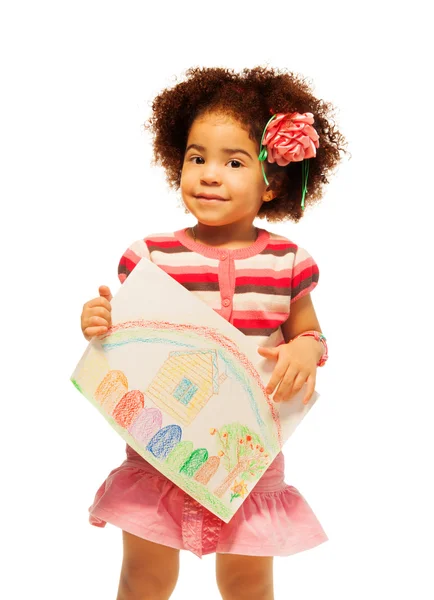 Nice black little girl with drawing — Stock Photo, Image