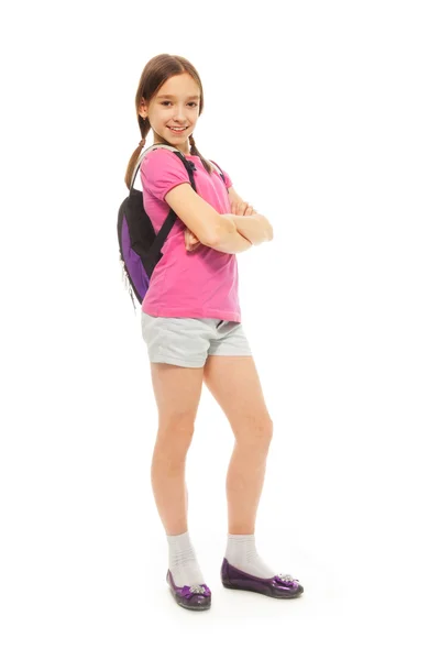 Menina da escola agradável e feliz com mochila — Fotografia de Stock