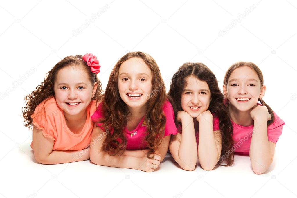 Four happy girls friends