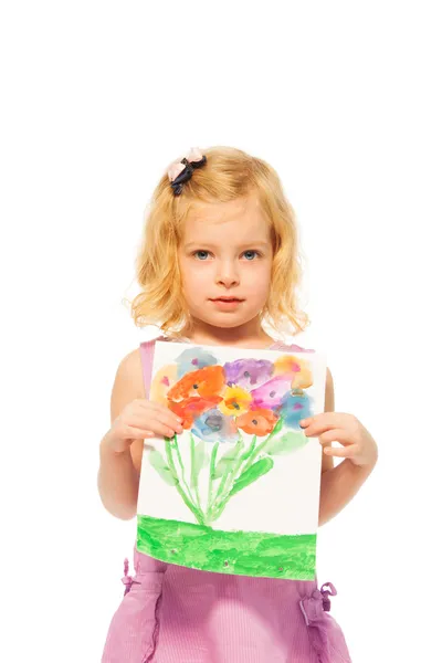 Little blond girl showing her picture — Stock Photo, Image