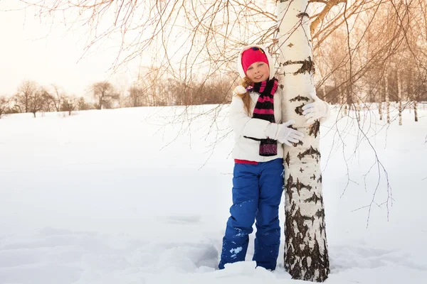 Happy girl in birch forest — Stock Photo, Image