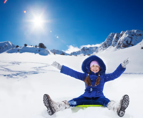Slide, sled and girl together means happy kid — Stock Photo, Image