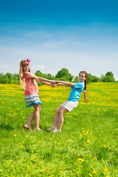 Девушки танцуют на цветочном поле — стоковое фото