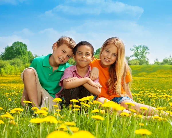 Three happy kids in the field — Stock Photo, Image