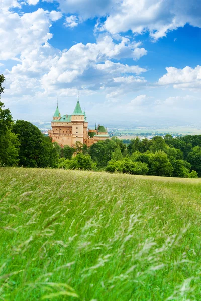 Bajmóc/Bojnice kastély tornyok és a völgy — Stock Fotó