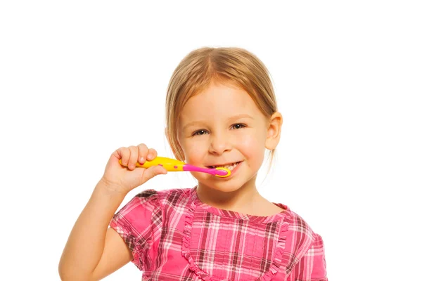 Petite fille avec brosse à dents — Photo