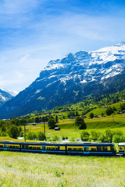 Comboio atravessando verde Alpes campo — Fotografia de Stock