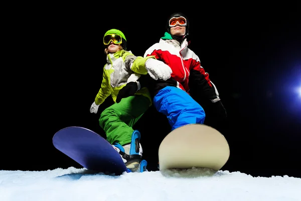 Snowboardziści gotowy do slajdów — Zdjęcie stockowe