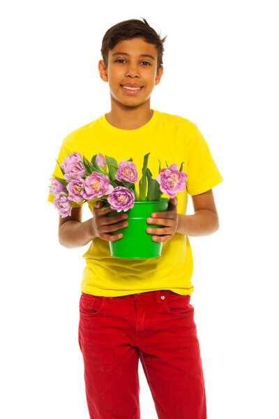 Boy holding tulips