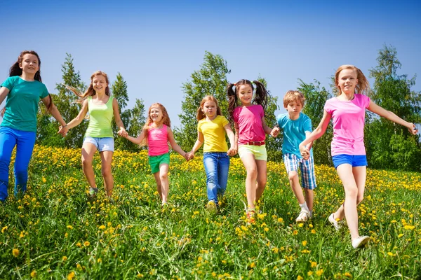 Niños felices corren y se toman de la mano en el campo verde — Foto de Stock